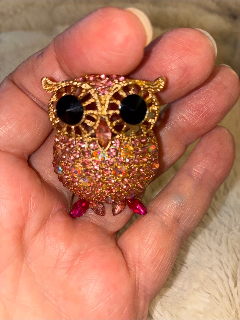 Gold-Tone Pink Crystal Owl Brooch